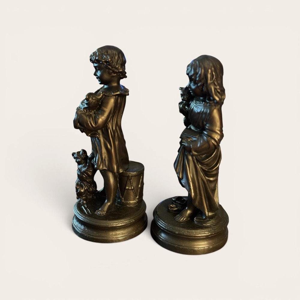 Vintage Pair Bronze Finish Children Figurines Family Cares Boy Girl Statues - Picture 4 of 11